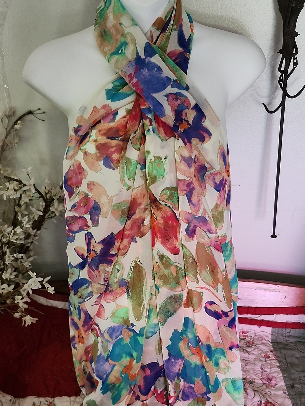 NWT Calvin Klein Multicolor Floral Print Oblong Straight  Scarf 22 X 73